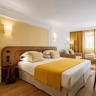 Overview of a room at the LePoussin Hotel in Cannes.