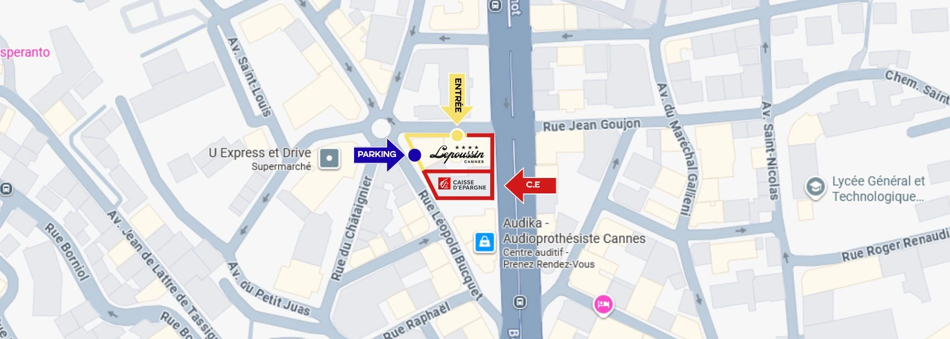 Access to LePoussin Hotel in the center of Cannes.