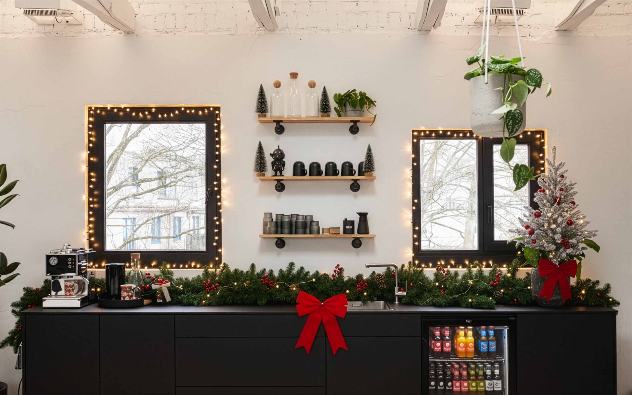 Küchenzeile der Workshopfläche mit Kaffee-Maschine, Waschbecken, Kühlschrank und Kaffeetassen