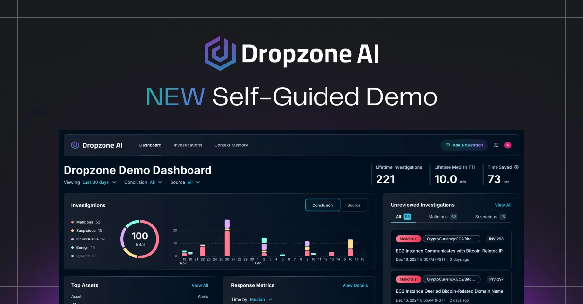 A screenshot of a dashboard with a purple background and the words "Dropzone AI" in the top left corner.