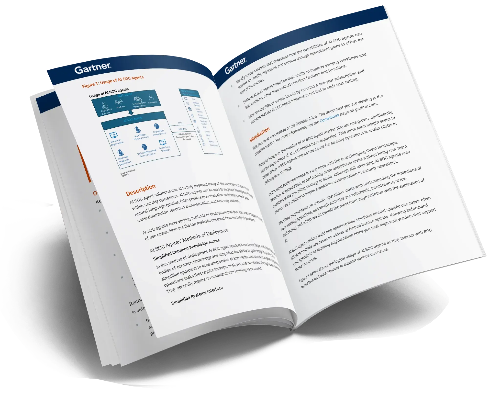 Open booklet displaying a Gartner report about AI SOC agents with charts and text on deployment and usage.