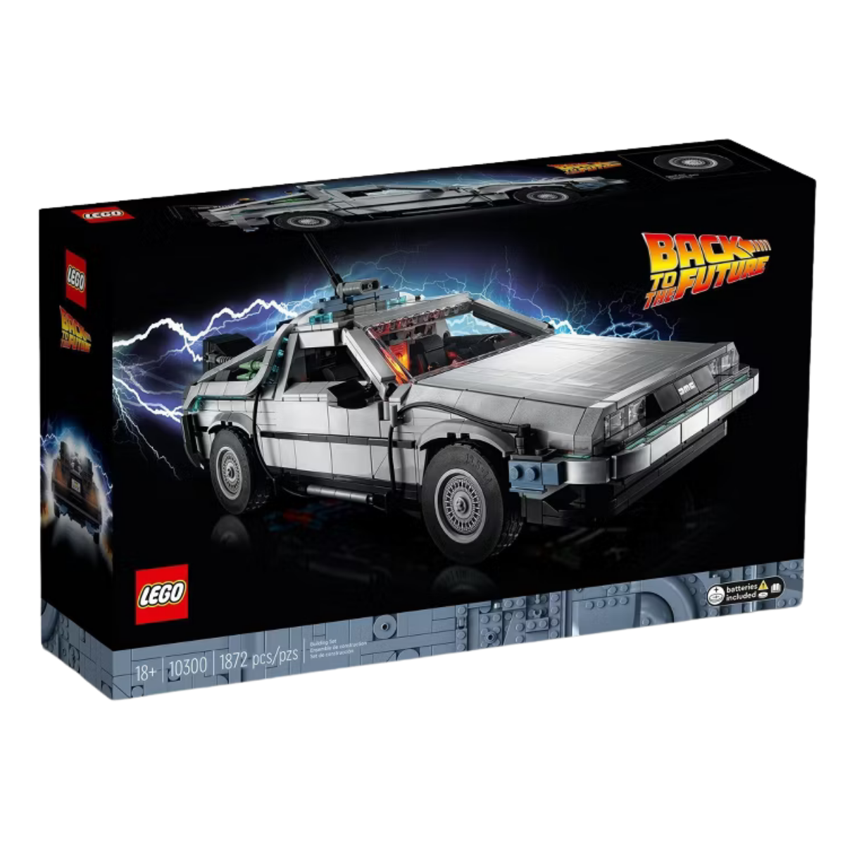 LEGO Back to the Future DeLorean building set with 1872 pieces displayed on the box.