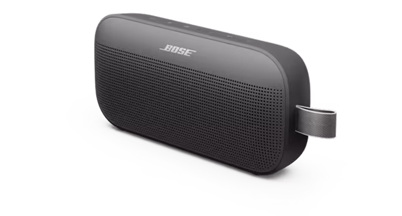 Black Bose portable Bluetooth speaker with a fabric loop handle on the side.