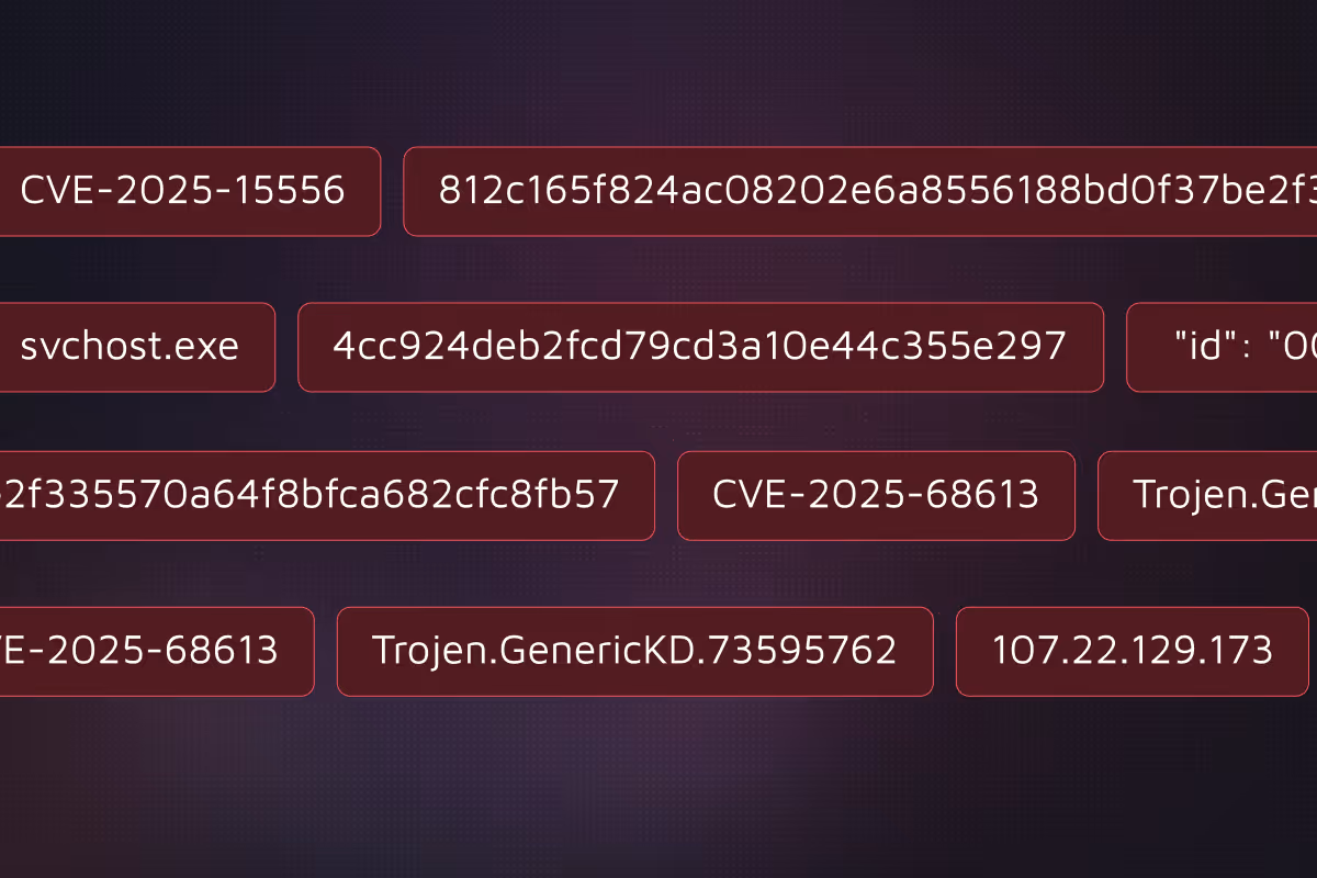 Screen showing various cybersecurity threat identifiers including CVE numbers, executable names, hashes, malware names, and IP addresses highlighted in red boxes.