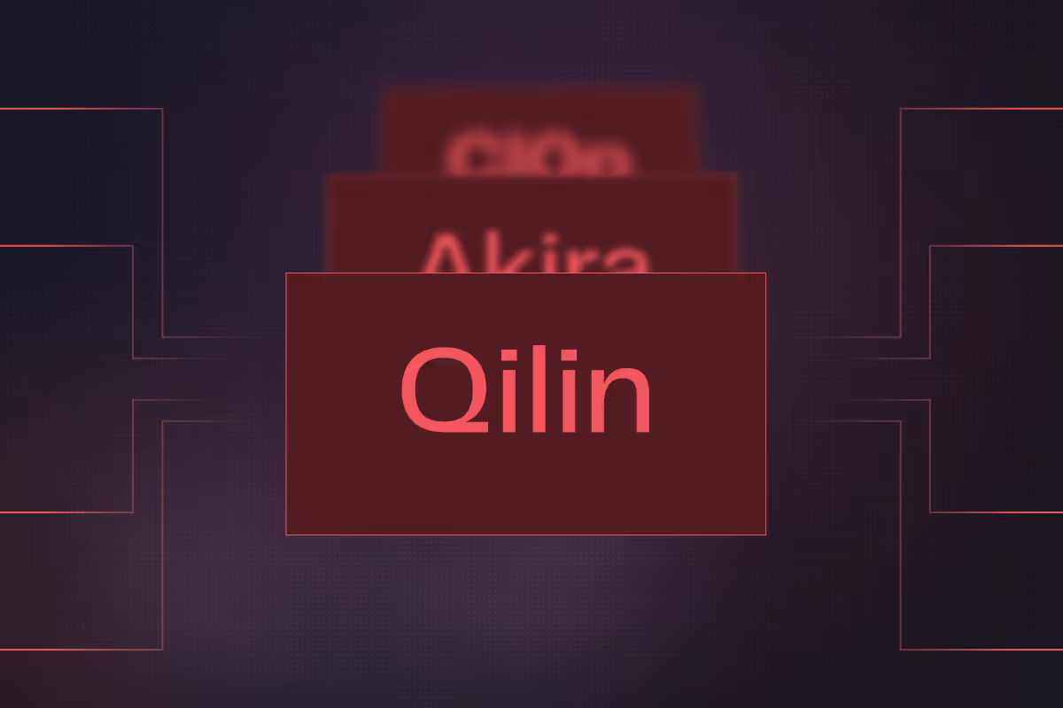 Dark digital interface with three red glowing rectangles arranged in a tiered structure, displaying the names Qilin, Akira, and Cicada from front to back.