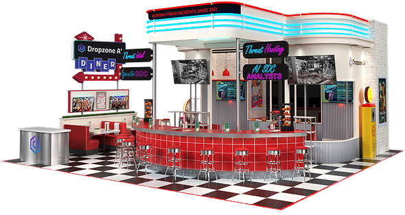 Retro-style diner with red booths, a curved counter, metal stools, neon signs, and black-and-white floor tiles.