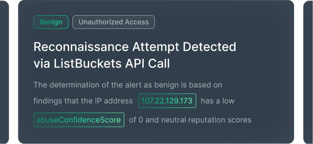 Alert shows reconnaissance attempt via ListBuckets API call from IP 107.22.129.173 marked benign.