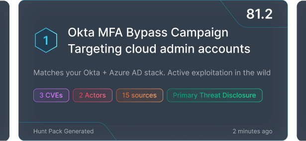 Okta MFA Bypass campaign targets cloud admin accounts with 3 CVEs, 2 actors, 15 sources active now.