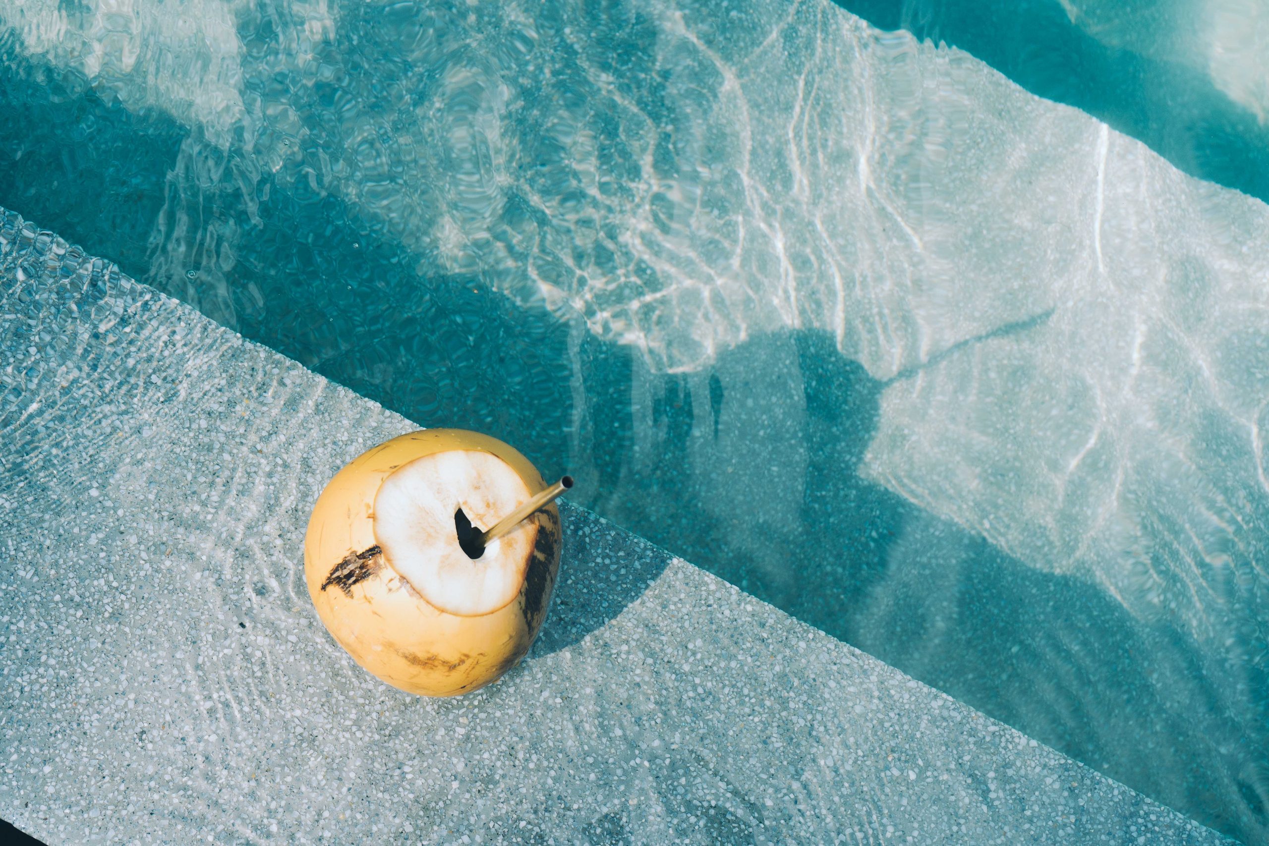 A king coconut on the pool steps at PALM