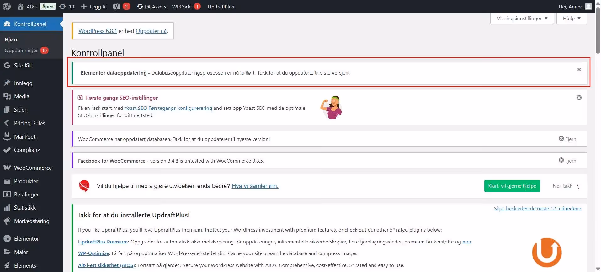 Varsel om en databaseoppdatering i Wordpress