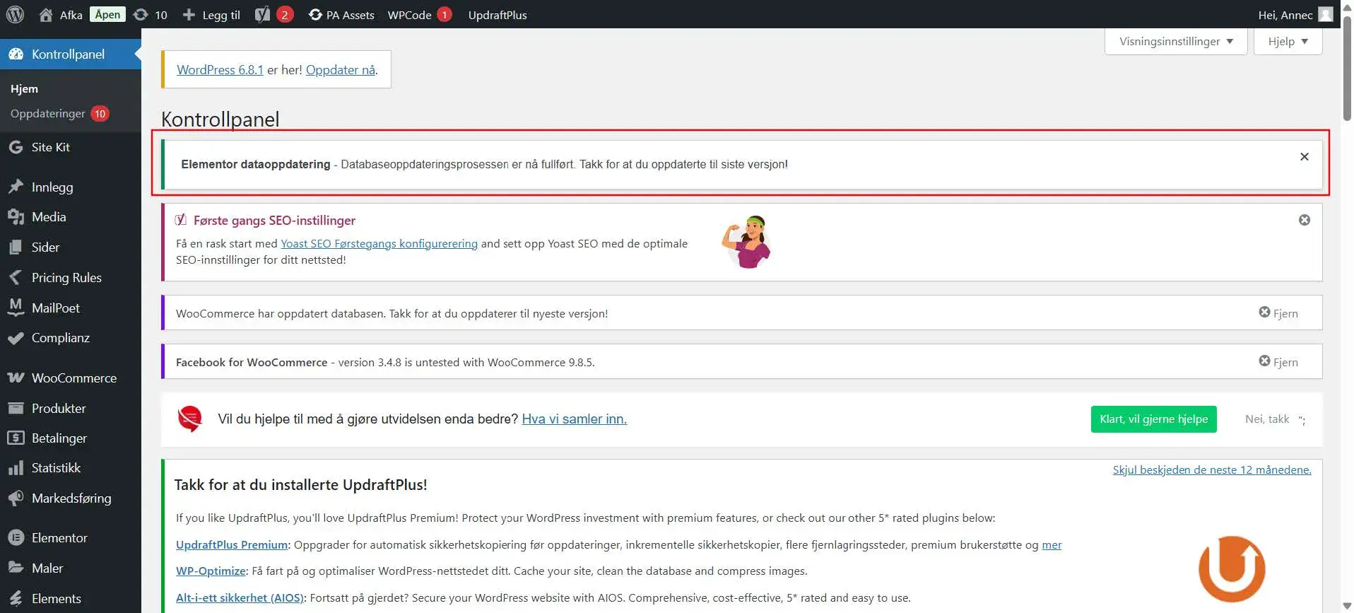 Varsel om en databaseoppdatering i Wordpress