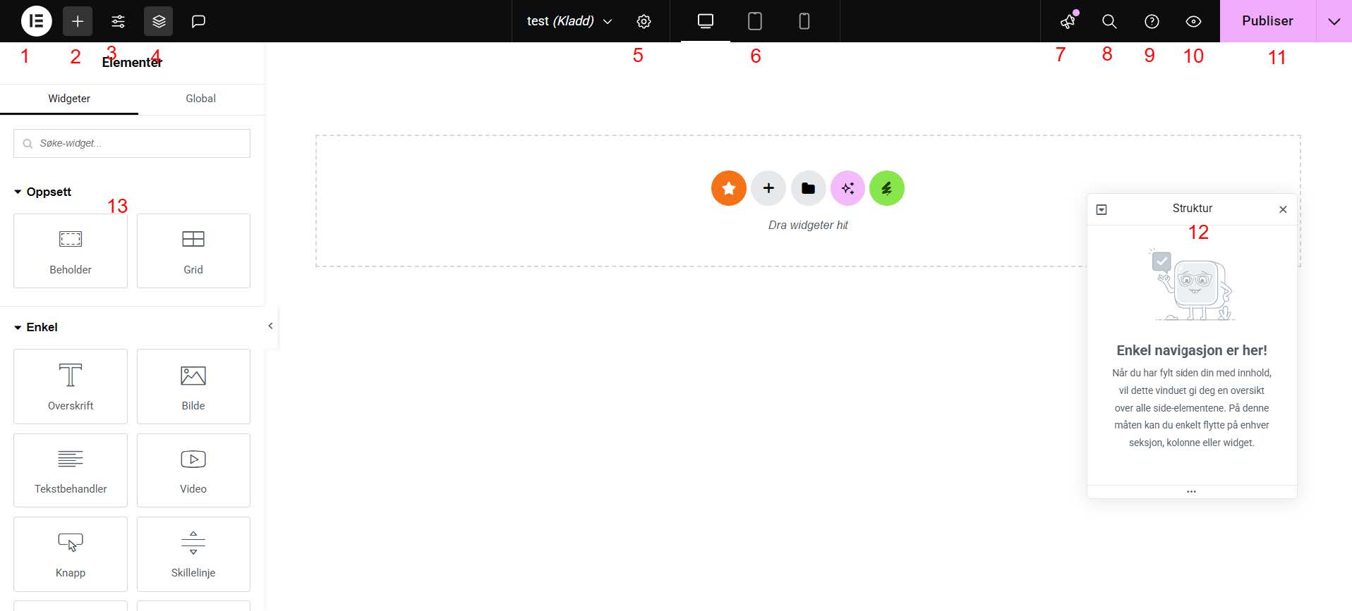 Struktur panelet i Elementor og hvor hva er 