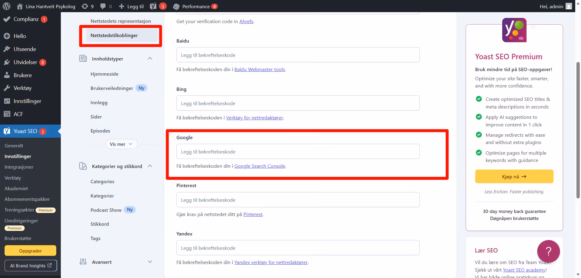 Hvor du finner Google i YOAST SEO nettstedtilkoblinger