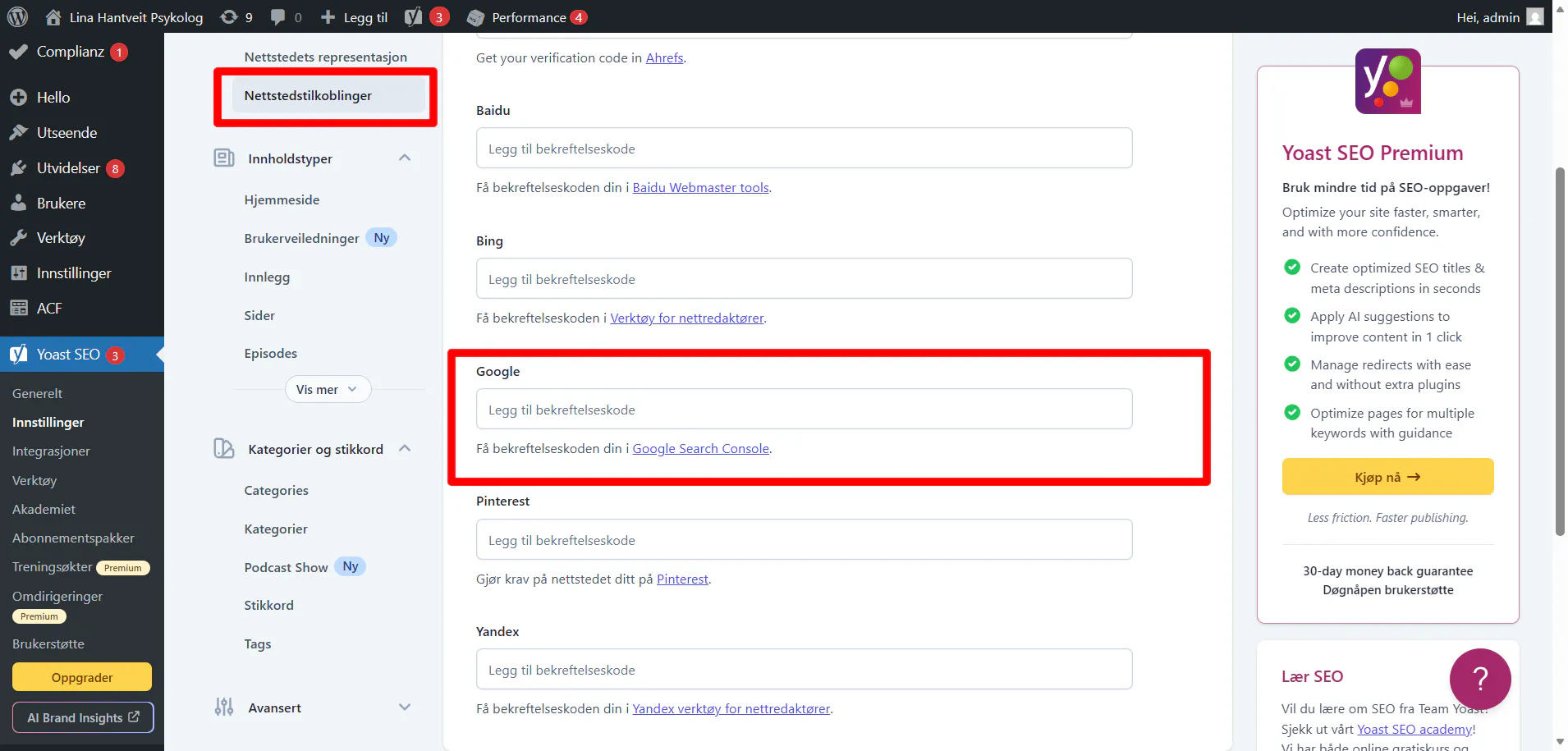 Hvor du finner Google i YOAST SEO nettstedtilkoblinger