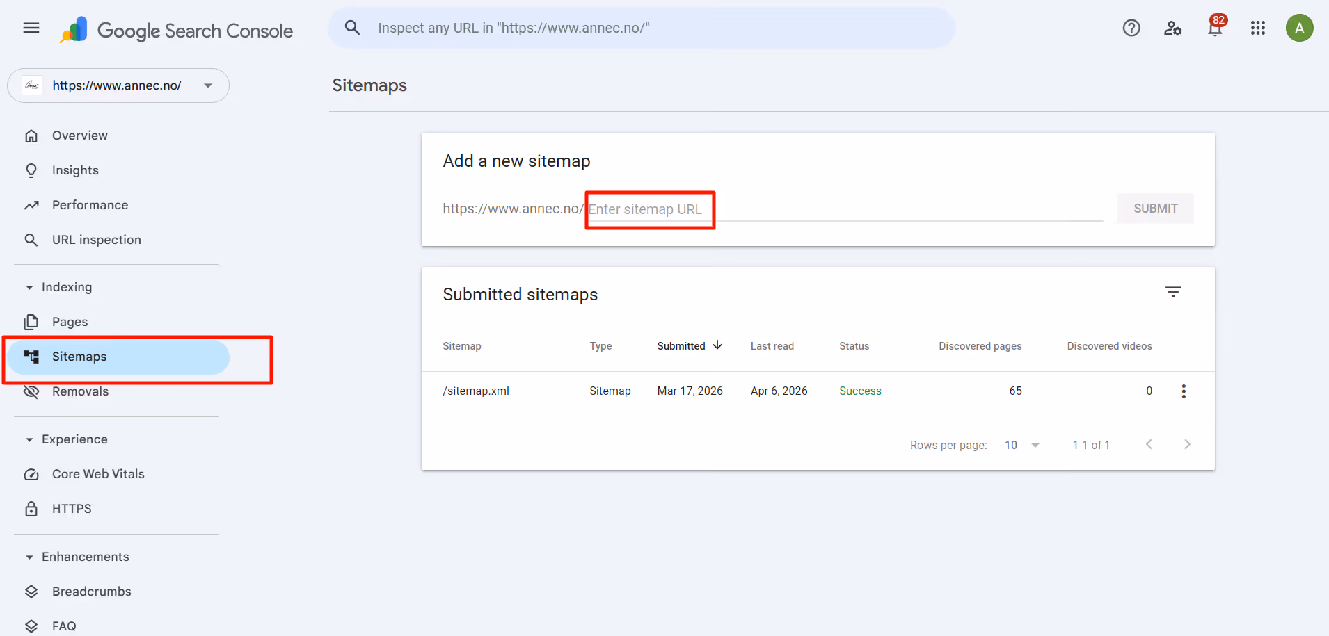 Her legger du inn nettkartet i Google Search console