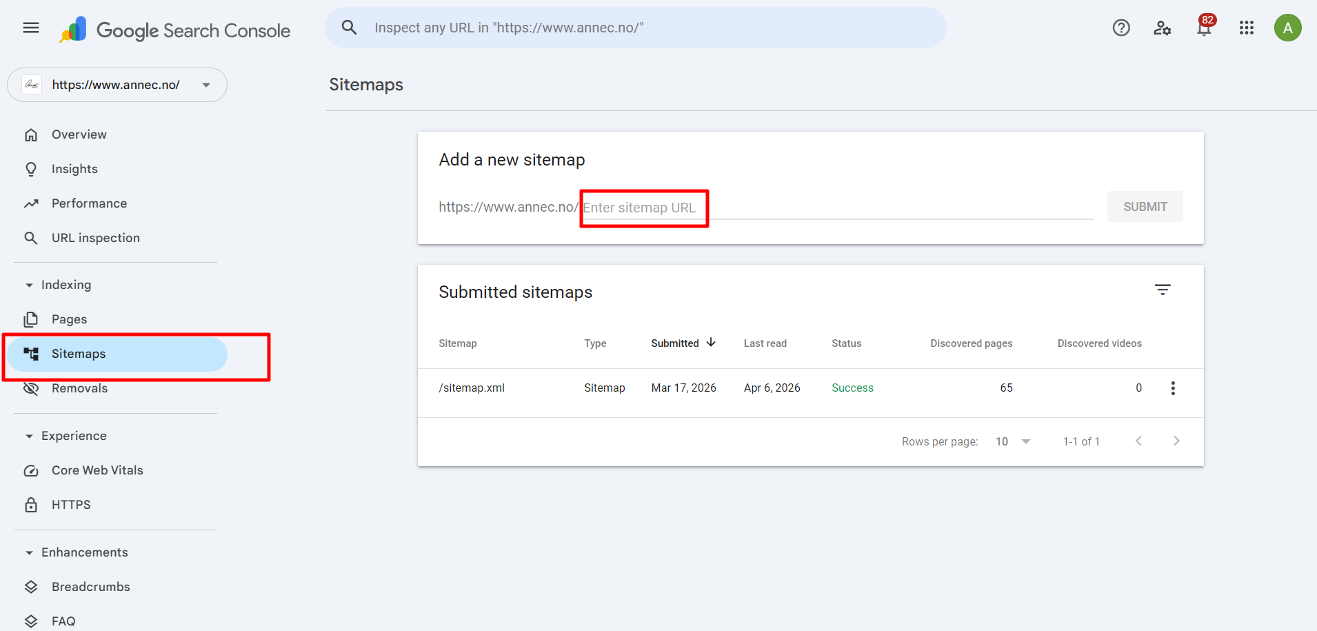 Her legger du inn nettkartet i Google Search console
