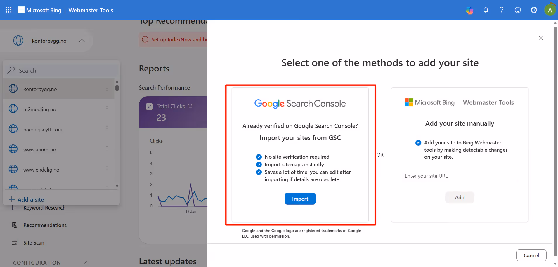 Her importerer du nettsider fra Google Search Console til Bing Webmastertools