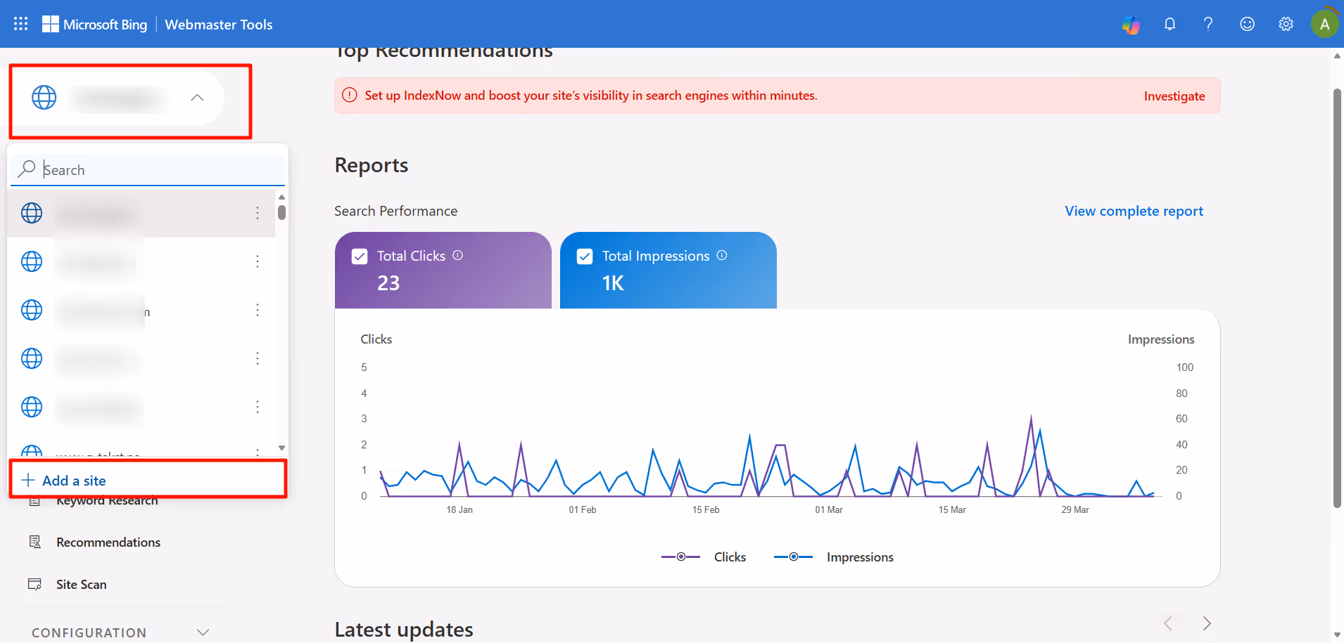 Hvor du oppretter en ny nettside i Bing Webmastertools