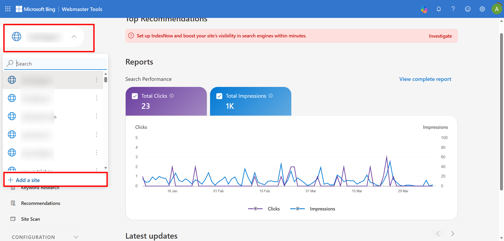 Hvor du oppretter en ny nettside i Bing Webmastertools