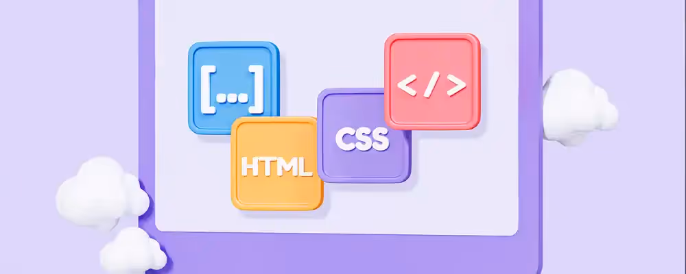 Illustrasjon av en lyseblå dataskjerm med bilde av forskjellige koder som HTML, CSS, hakeparenteser og vinkelparentser