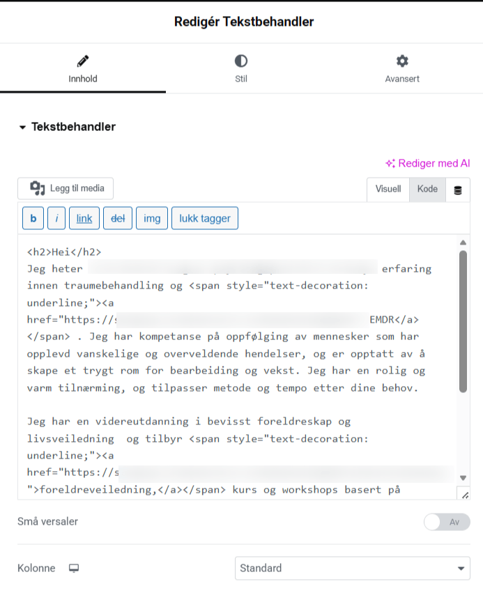 Bilde av kode editoren i Elementor