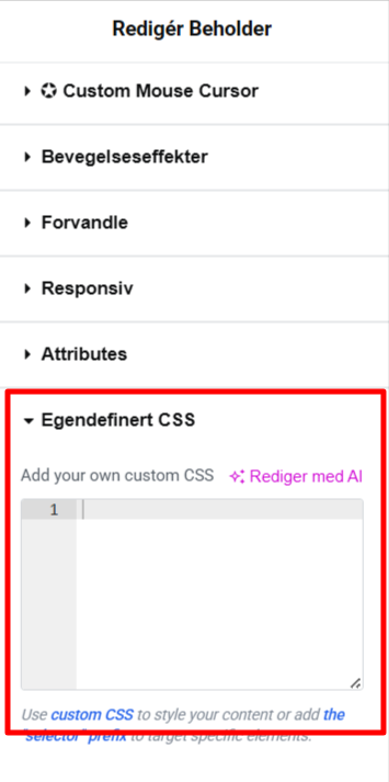 Bilde av CSS editor i Elementor