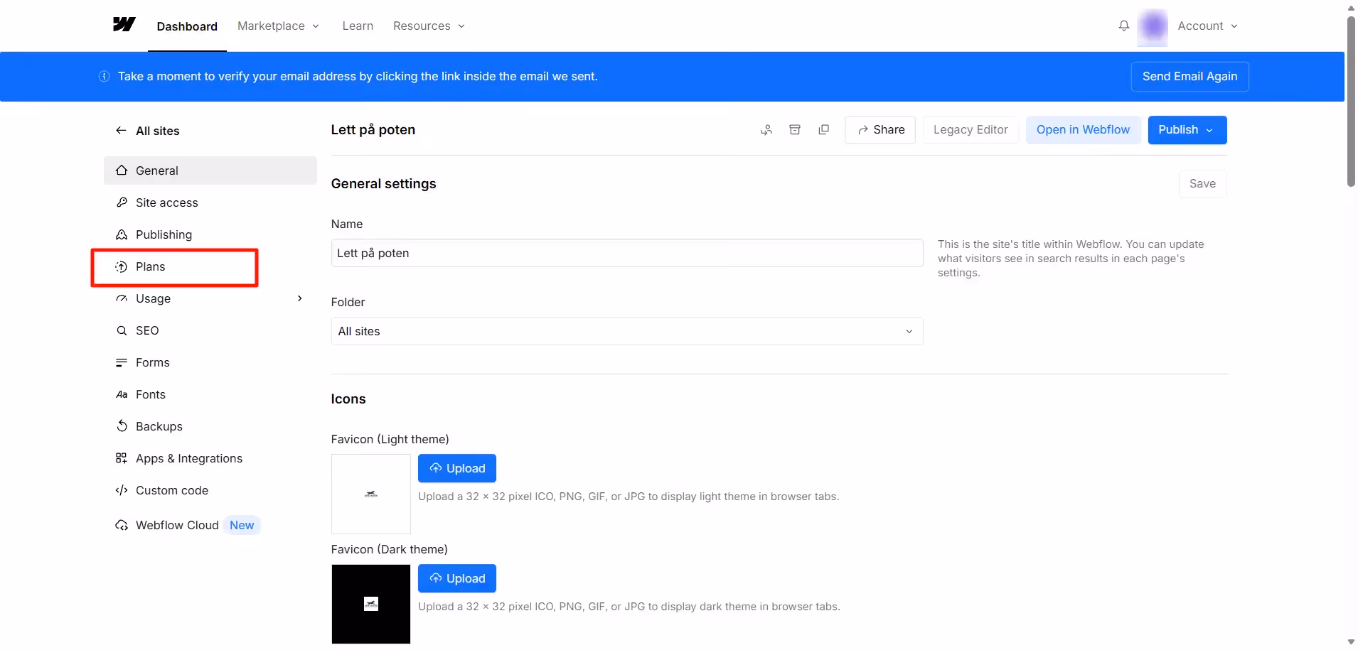 Bilde av hvor du finner Plans i Webflow