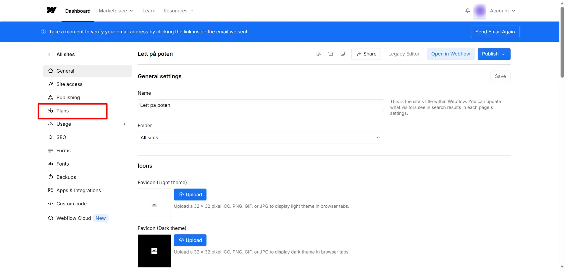 Bilde av hvor du finner Plans i Webflow