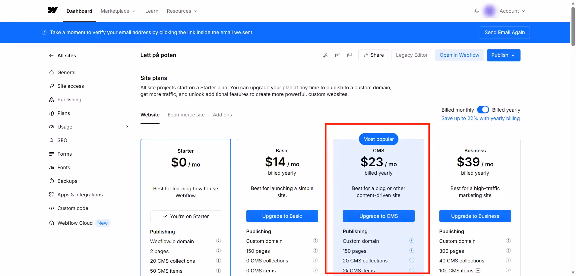 Bilde av hvor du velger CMS plan i Webflow