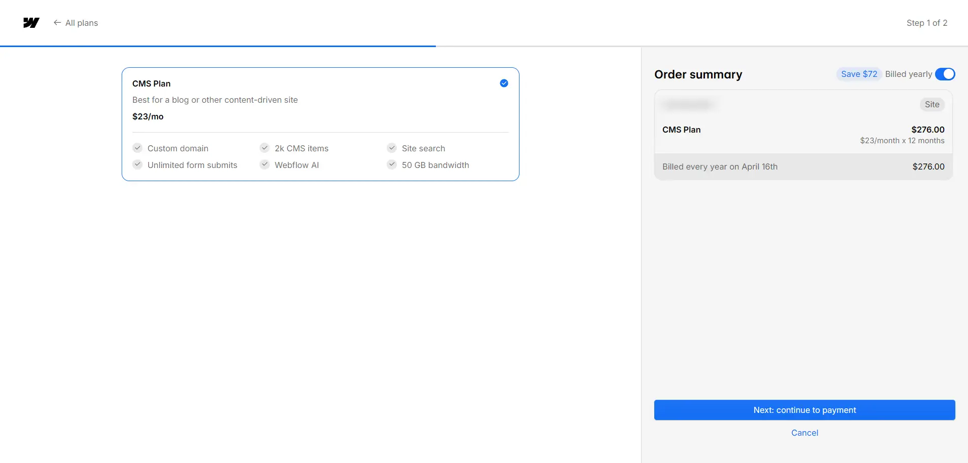 Bilde av betalings siden til CMS plan i Webflow