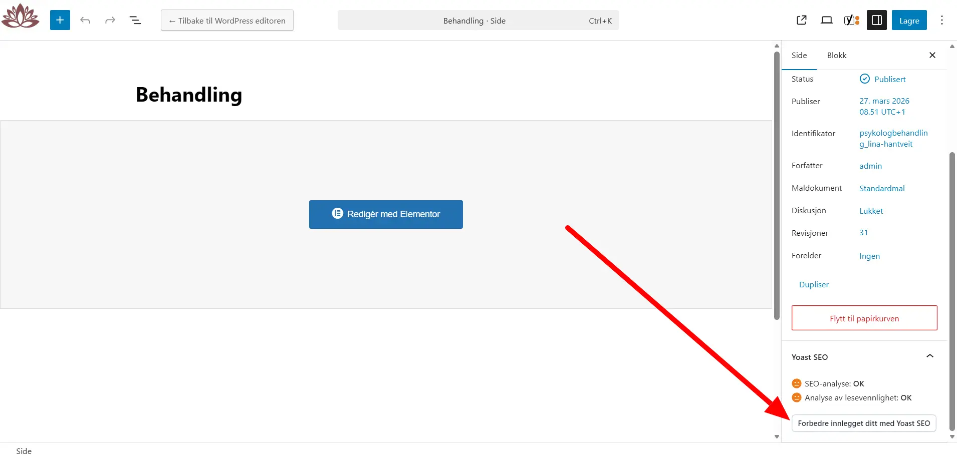 Hvor du finner Yoast i en Wordrpess sides redigerings panel