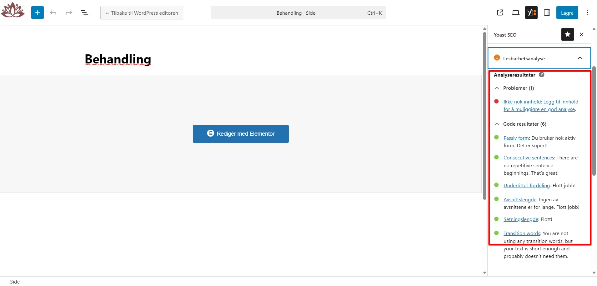 Slik ser en lesbarhetsanalyse ut i Yoast