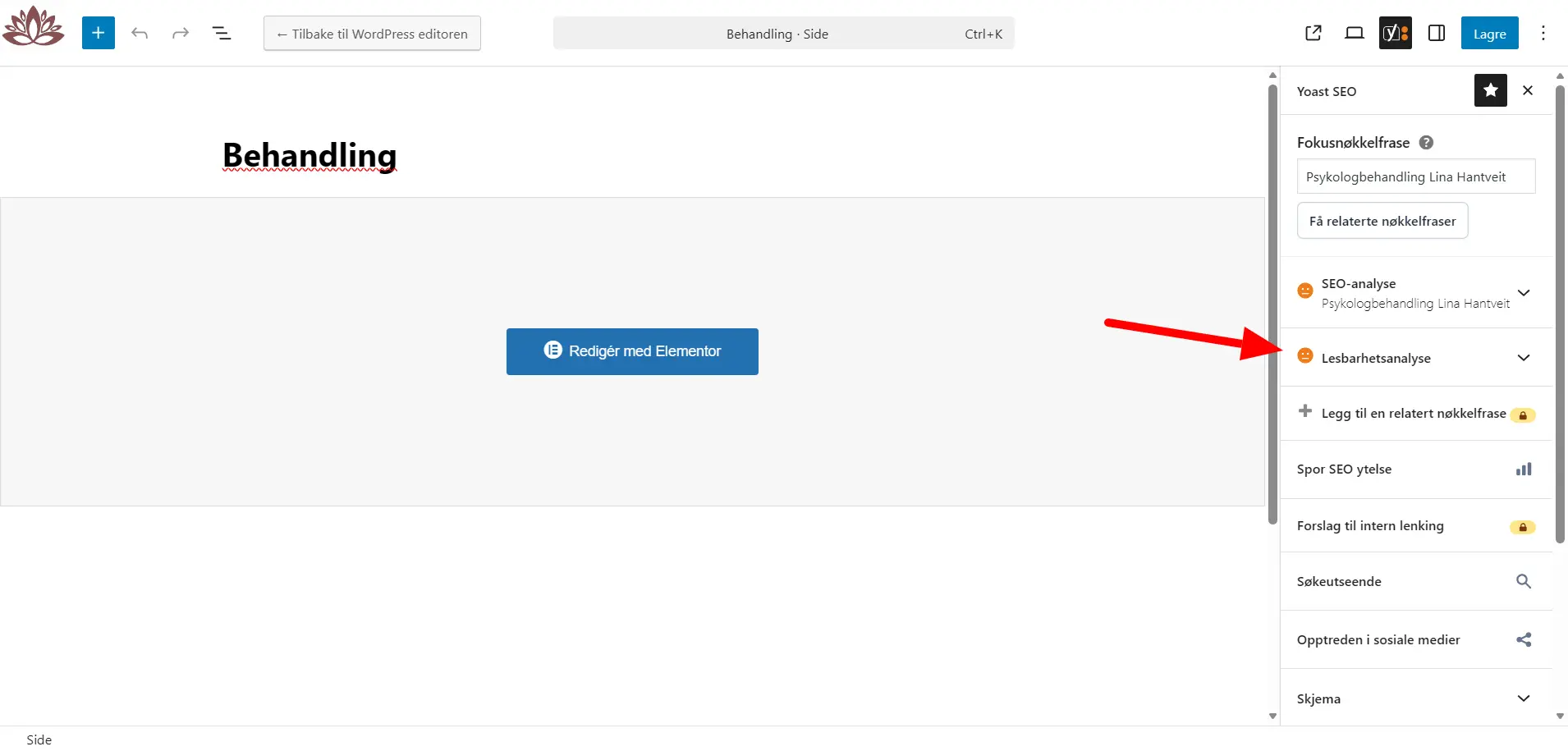 Hvor du finner en Worpress sides lesbarhetsanalyse i Yoast