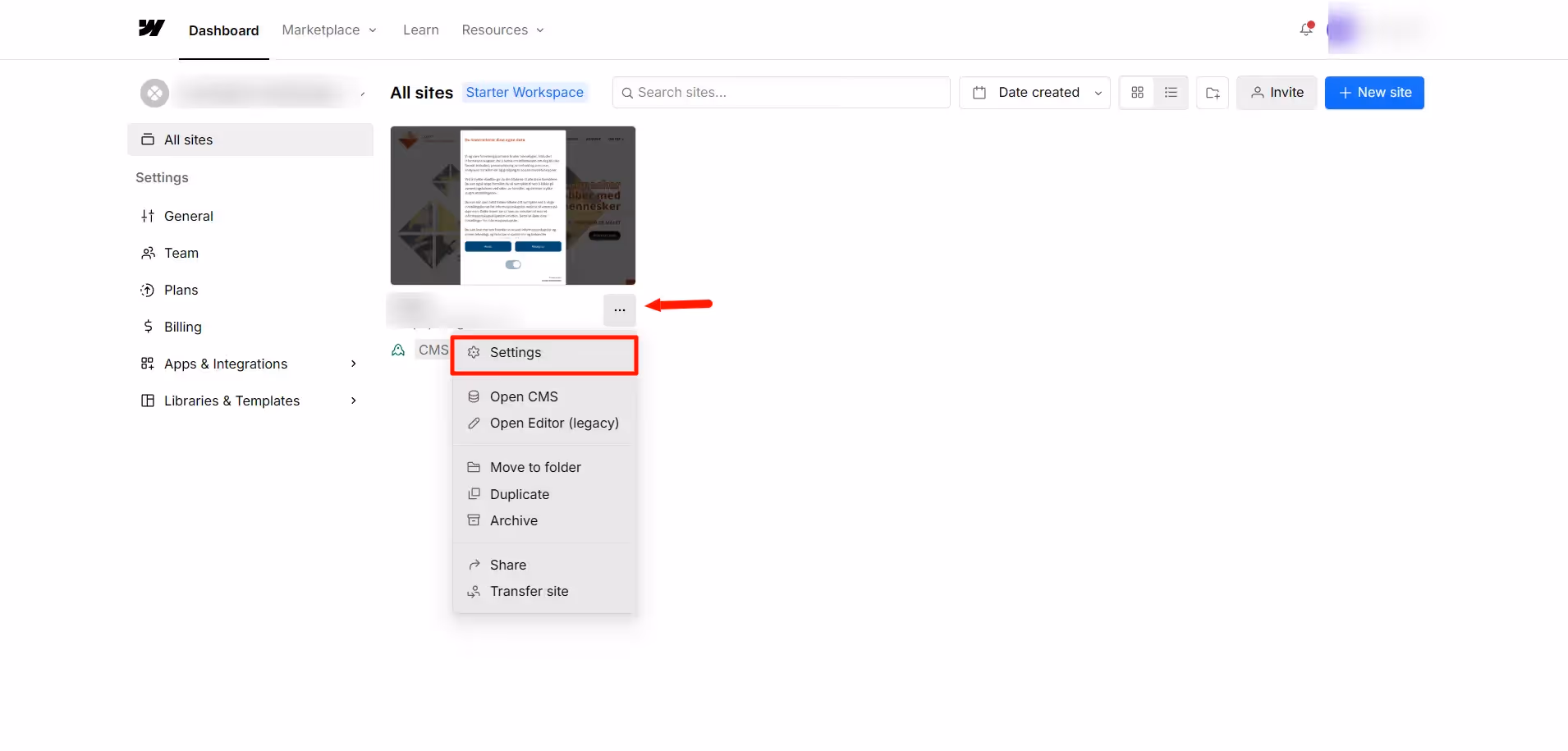 Hvor du finner Settings i Webflow Dashboard