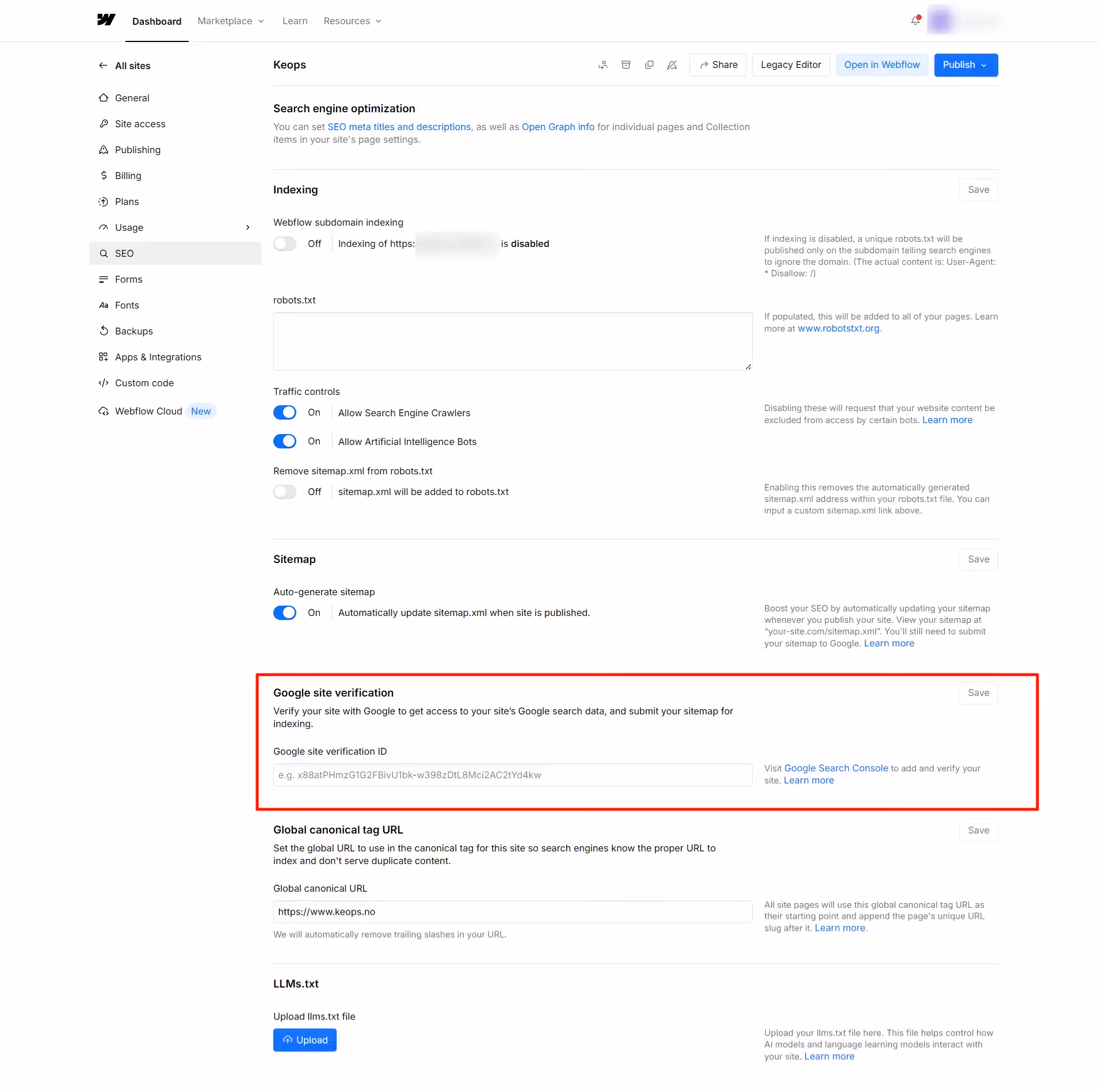 Hvor du registrerer Google site verification i Webflow