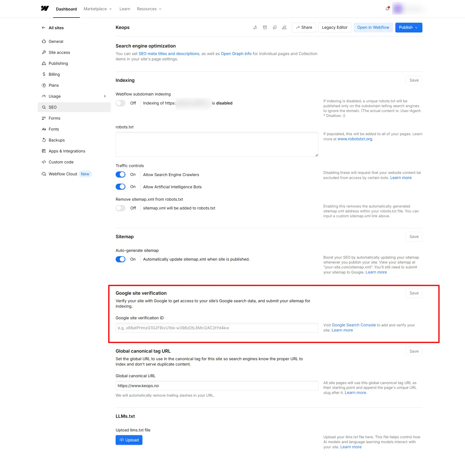 Hvor du registrerer Google site verification i Webflow