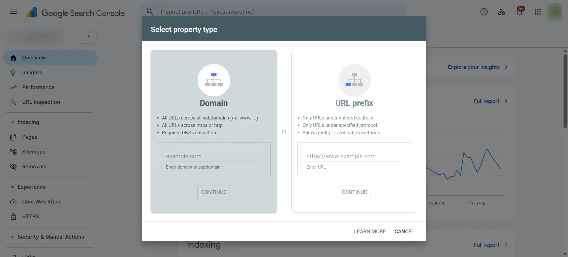 Valg mellom Domanin og URL prefix i Google Search Consolec