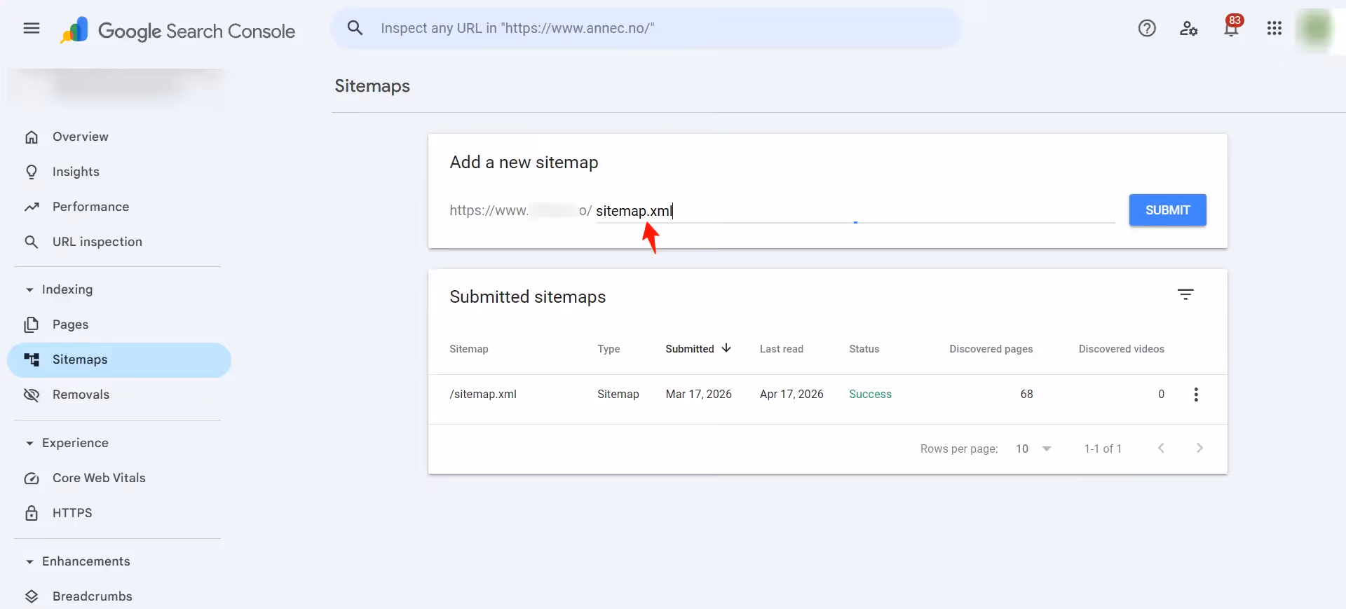 Hvor du legger inn et sitemap /nettkarti Google Search Console