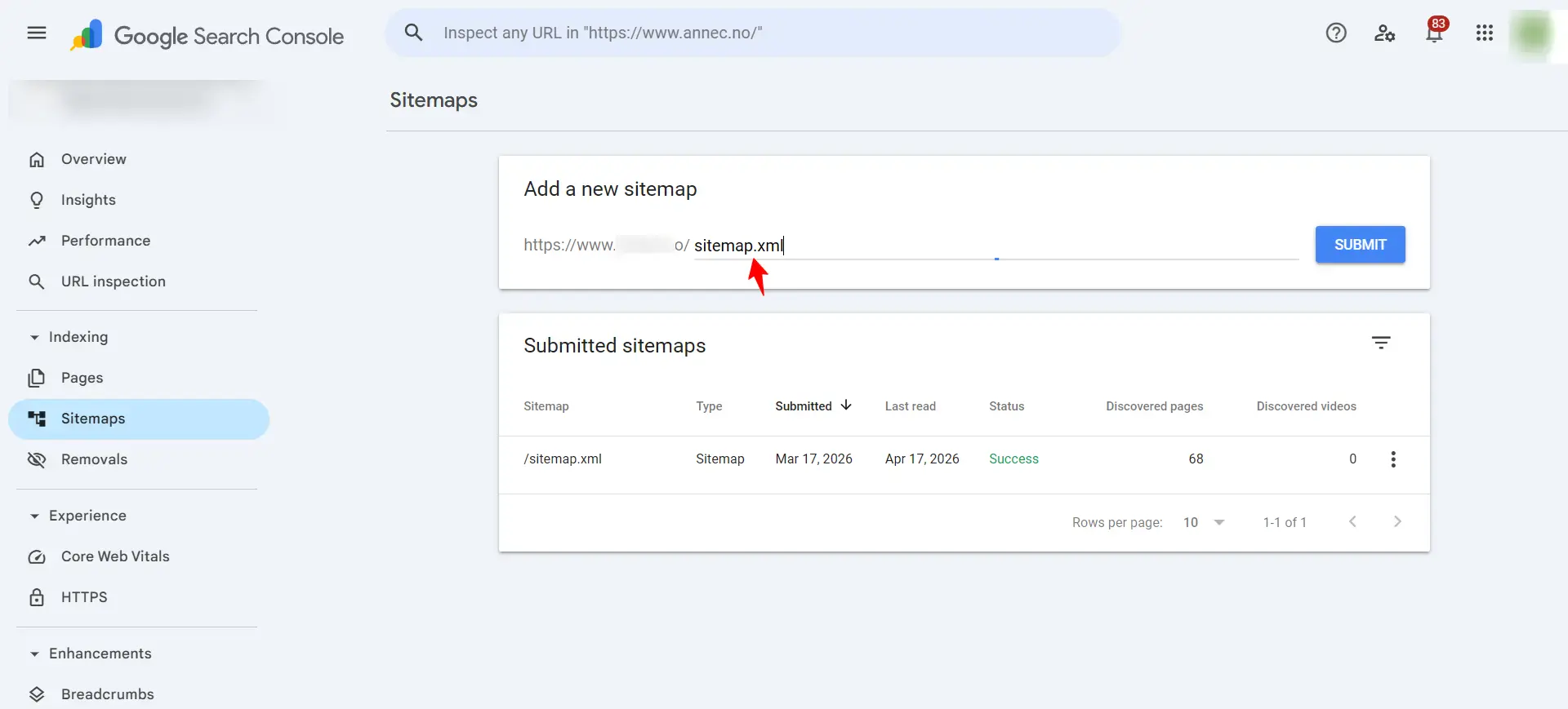 Hvor du legger inn et sitemap /nettkarti Google Search Console