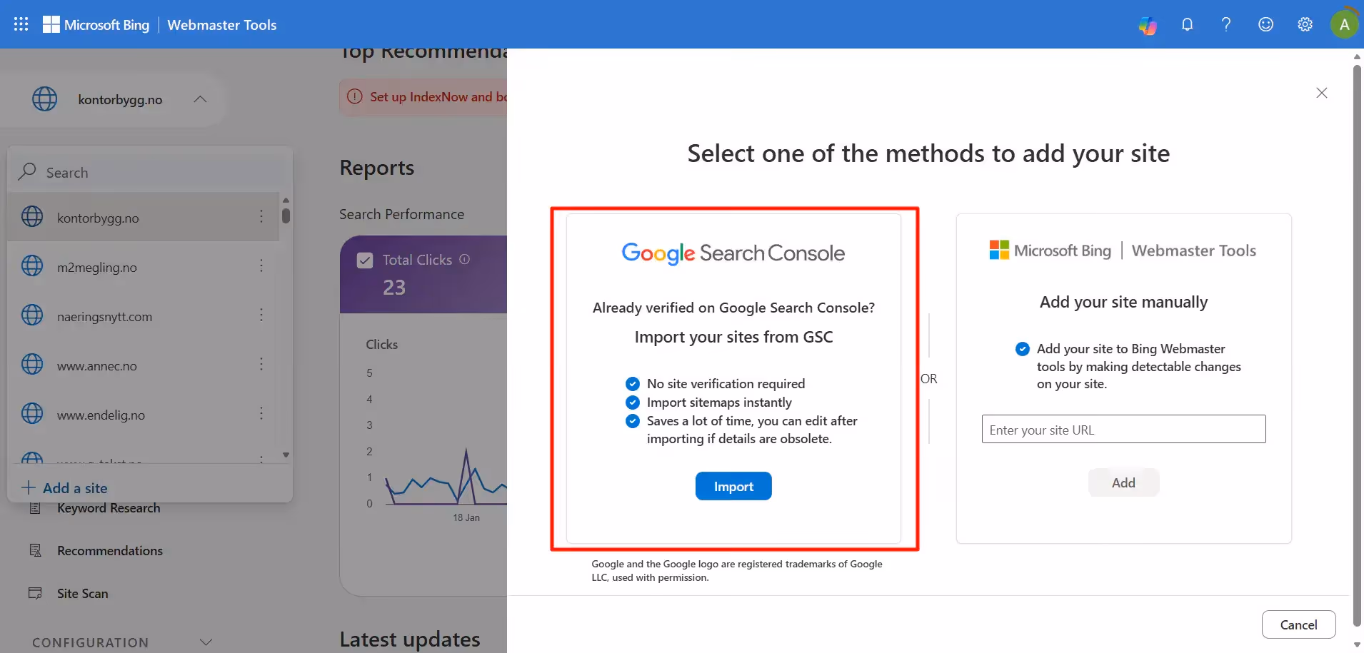 Hvor du importerer en nettside fra Google Search Console i Bing Webmastertools