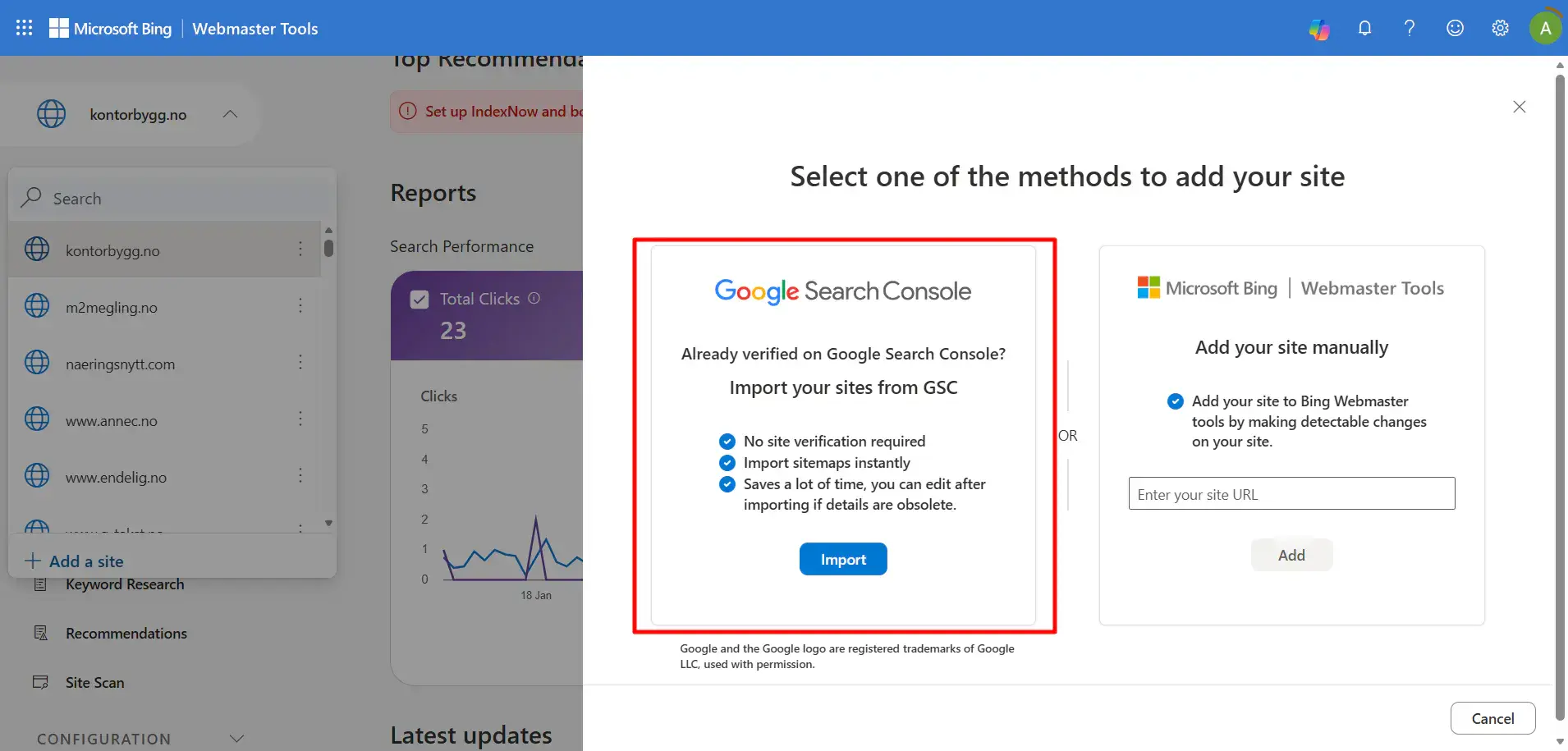 Hvor du importerer en nettside fra Google Search Console i Bing Webmastertools