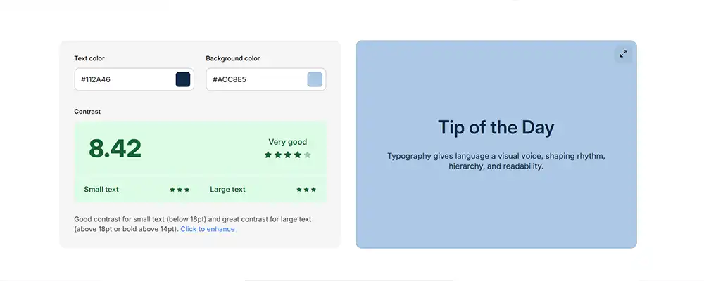 Testing av fargeontrast. Viser sort tekst på lyseblå bakgrunn og resutltat at det en god kontrast