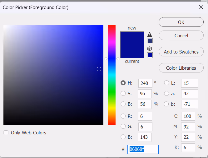 Bilde av fargevelgeren i Photoshop som viser RGB, CMYK og HEX koder for farger