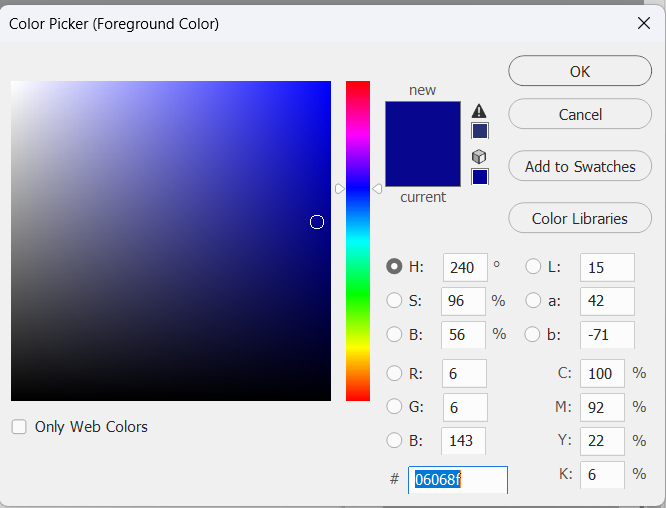 Bilde av fargevelgeren i Photoshop som viser RGB, CMYK og HEX koder for farger