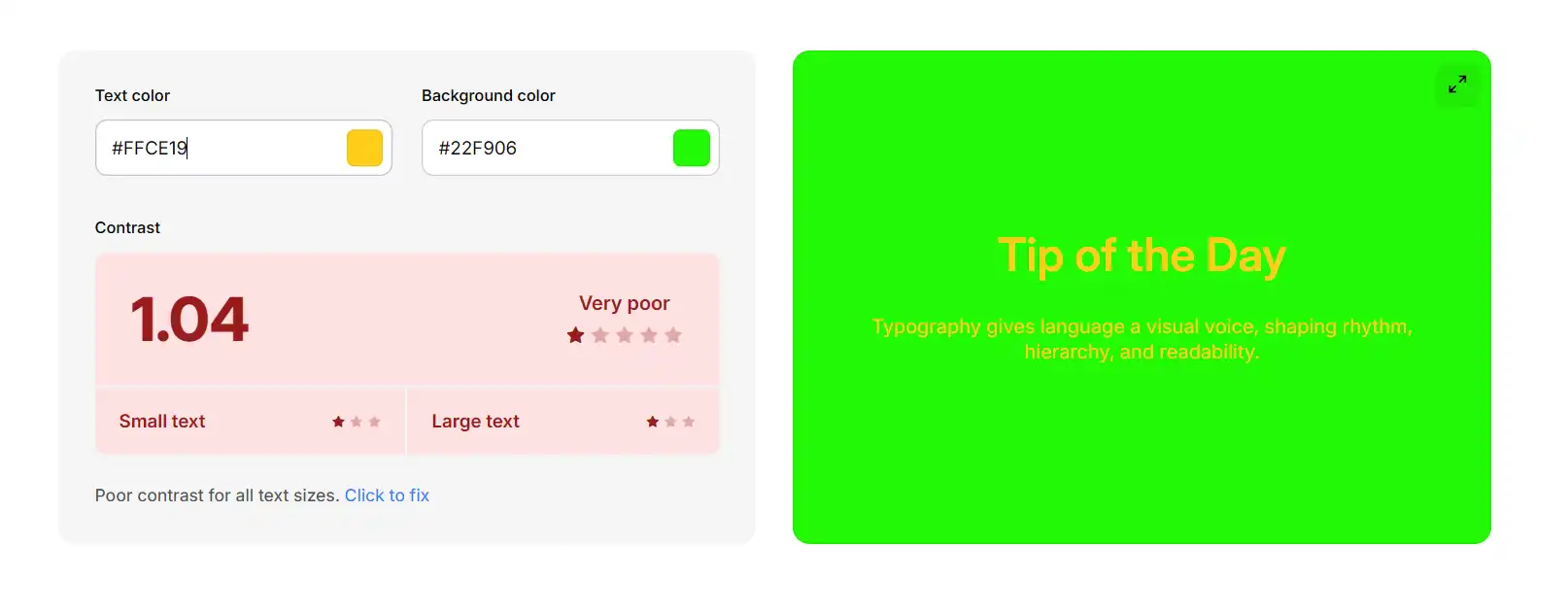 Bilde av testing av fargekontrast mellom skarp grønn og orange, som gir dårlig kontrast
