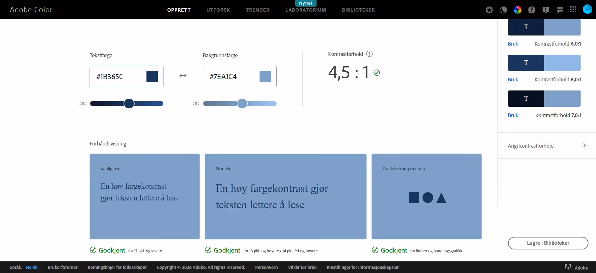 Adobe Color Contrast Checker som viser mørkeblå skrift på lyseblå bakgrunn og at det gir et kontrastforhold på 4.5:1