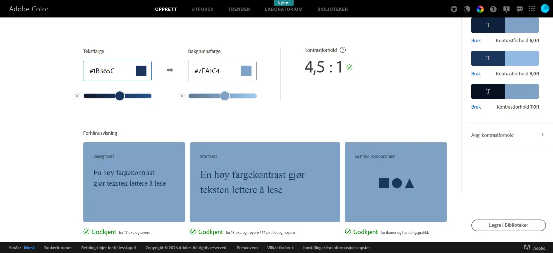Adobe Color Contrast Checker som viser mørkeblå skrift på lyseblå bakgrunn og at det gir et kontrastforhold på 4.5:1
