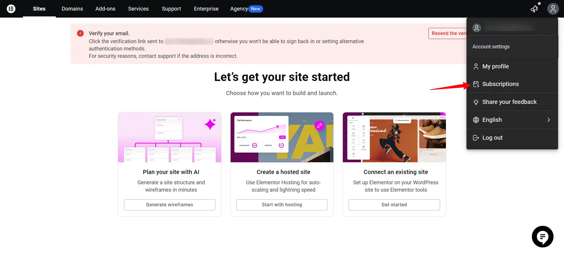 Bilde av hvordan du finner dine abonnement hos nettside byggeren \Elemetor
