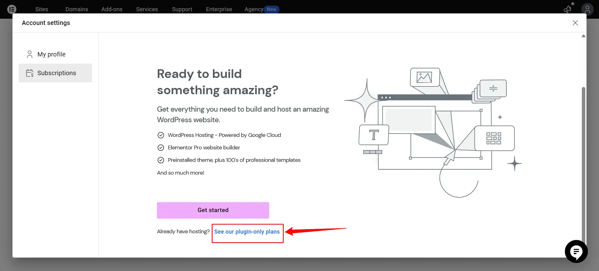 Bilde av hvor du finner linken for å kjøpe Elementor pro pluginen i når du er logget inn i Elementor