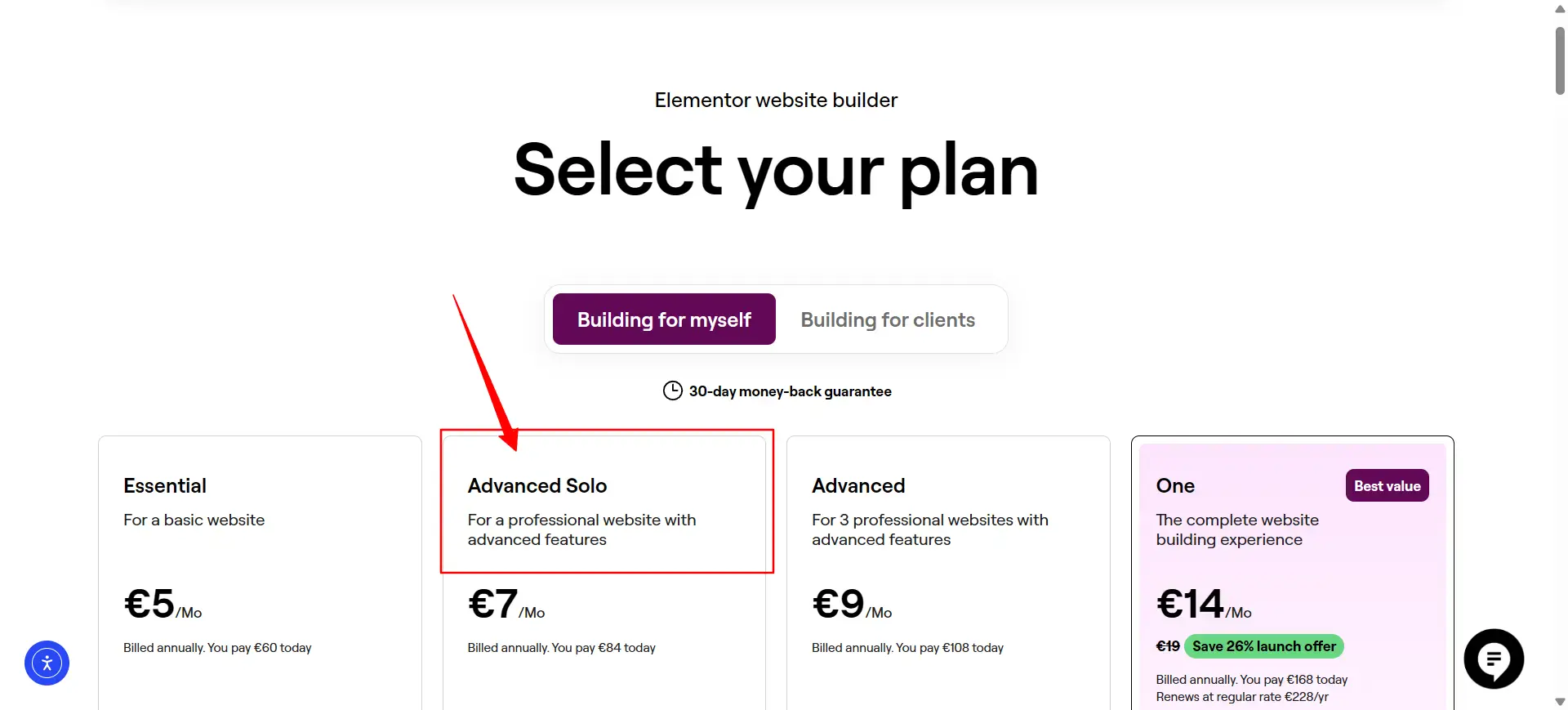 Oversikt over Elementors abonnement.  Advanced Pro er markert med en rødbord og en pil.
